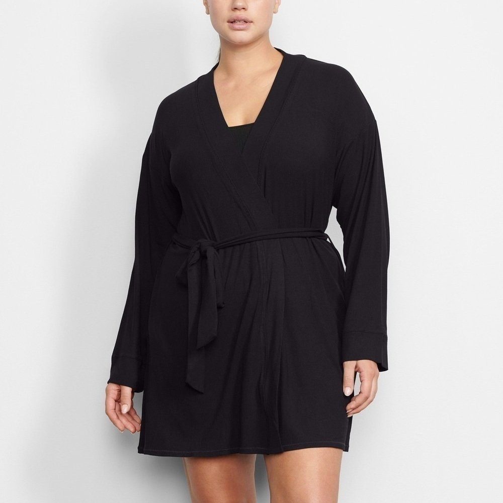 SKIMS Ribbed Black Wrap Robe